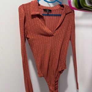 Lulu's Rust Ribbed Collared Long-Sleeve Bodysuit